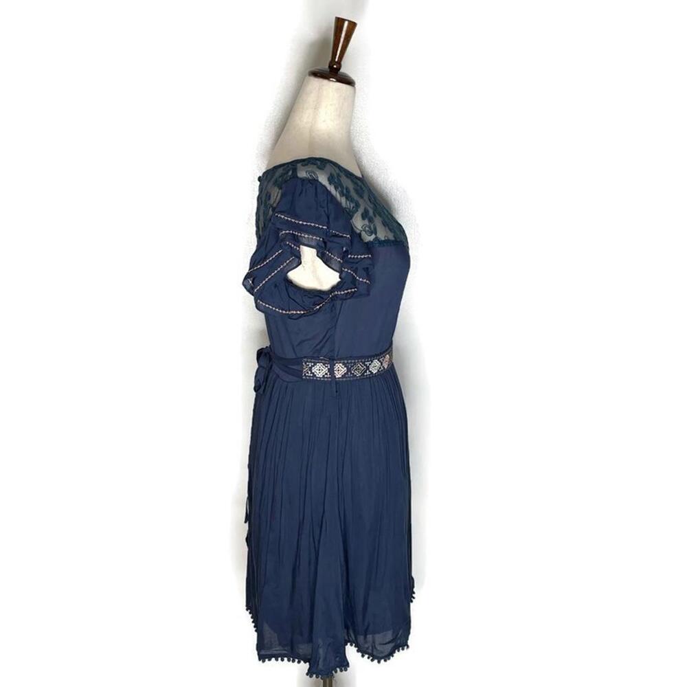 Moon Collection Blue Lace Ruffle Sleeve Embroidered Belted Pom Pom Lined Dress S - Picture 4 of 8